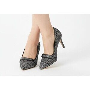 Ann Taylor Tweed Heels Size 10M Black White Herringbone Pointed Toe Strap EUC